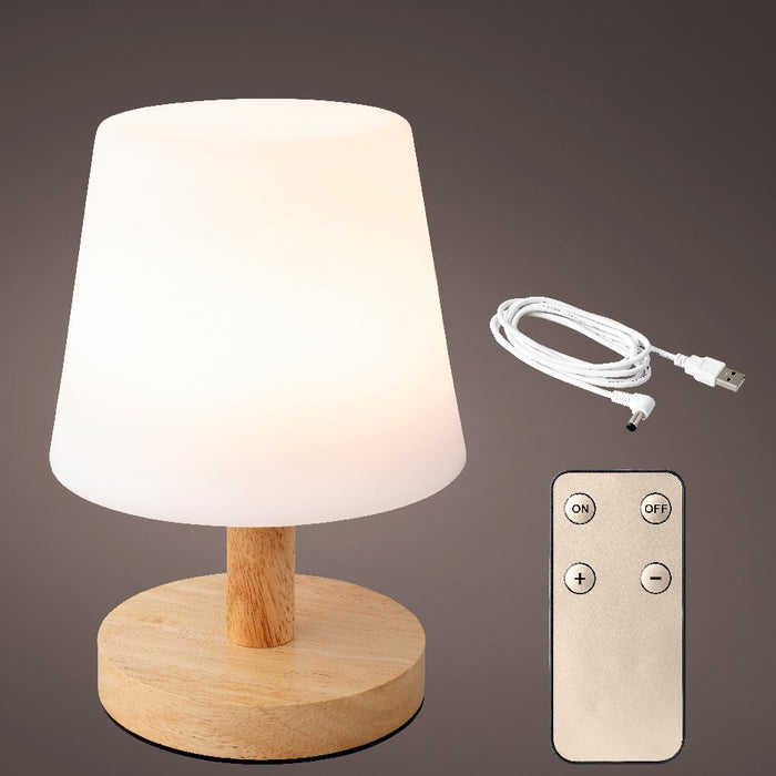 Lumineo Wiederaufladbare LED-Tischleuchte Outdoor, Dimmbar, inkl. Fernbedienung, Holz, 22cm