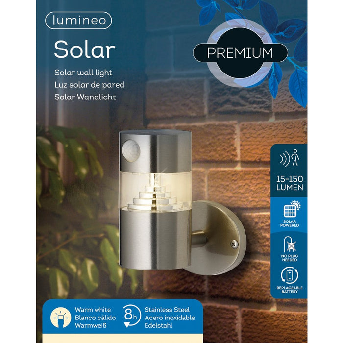 Lumineo Solarbetriebene LED-Wandleuchte, 16cm, Bewegungssensor, Edelstahl