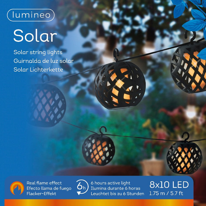 Lumineo Solarbetriebene LED-Lichterkette, 8 Mini-Laternen mit Flackereffekt, 175cm, warmweiß