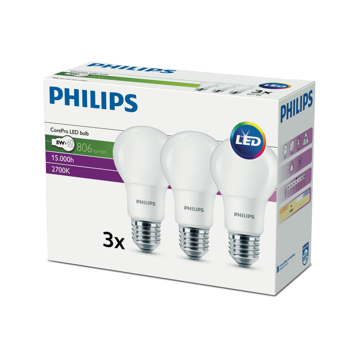 Philips CorePro LEDbulb 8-60W A60 E27 827 3er Multipack 35635